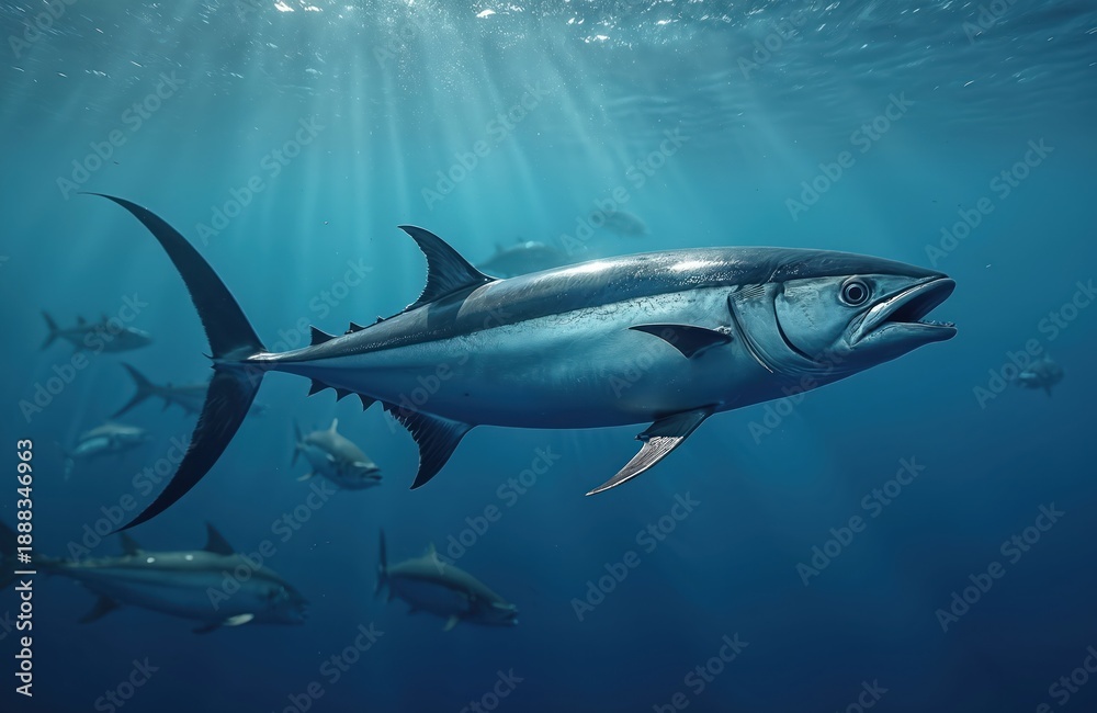 Fototapeta premium Large tuna fish swims in deep blue ocean water. School of fish travels together near surface. Sunlight rays penetrate blue sea depths. Marine life swims underwater.