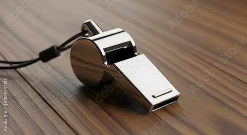 A shiny silver whistle with a black cord lies on a wooden surface.