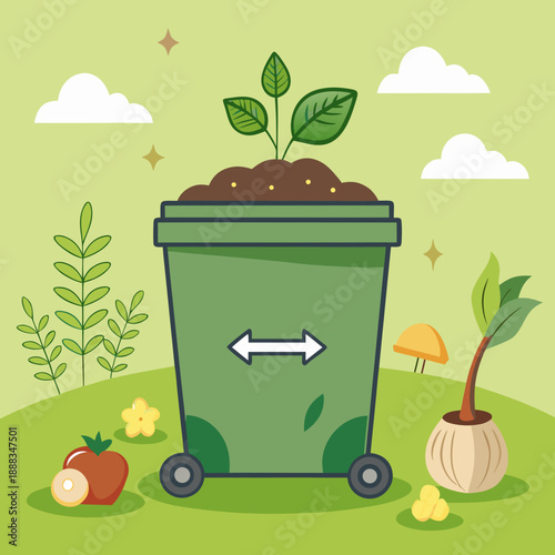 Green compost bin with soil and plants in a garden setting  