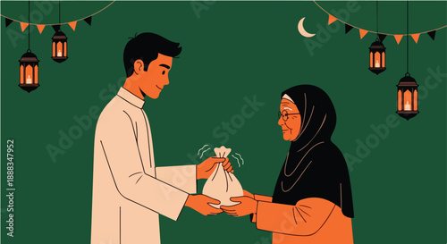 Muslim man giving zakat or alms to elderly woman in Ramadan. Islamic charity and donation illustration. Helping hand concept for social care in holy month.