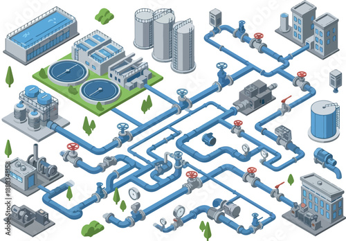 Isometric Water Treatment Plant Illustration Pipes, Tanks, and Infrastructure