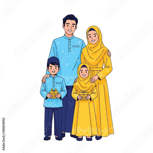 Muslim family in traditional clothing standing.
