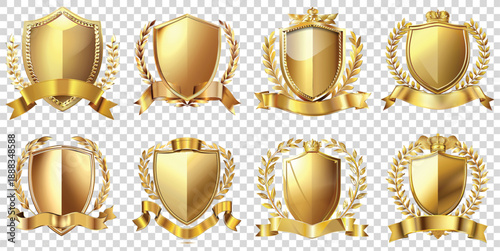 A collection of gold shields and laurel wreaths with ribbons on a transparent background