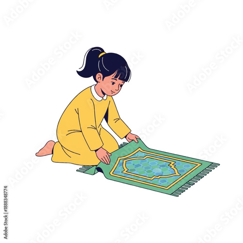 Young girl on prayer mat Islam.