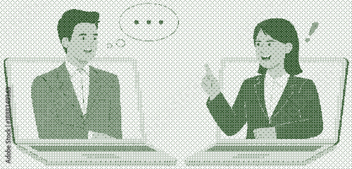 Two people in business attire communicating via laptops with speech bubbles and an exclamation mark communication