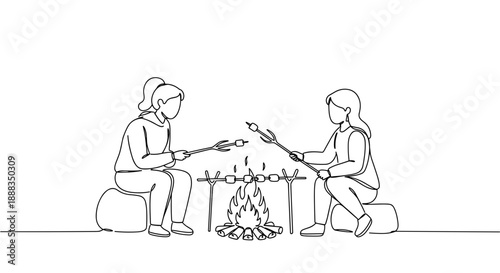 Line drawing of two people sitting by a campfire roasting marshmallows at night on a transparent background