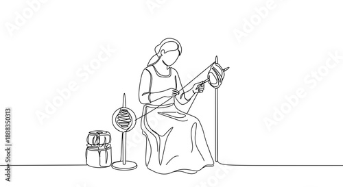 Line drawing of a woman spinning yarn indoors with a spinning wheel and a bag on a transparent background