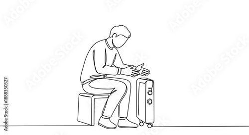Line drawing of a person sitting and sketching on a table isolated on white background in a minimalist artistic style