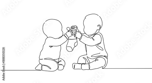Line drawing of two children playing together with blocks on a transparent background