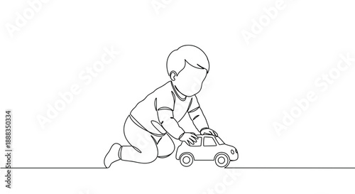 Line drawing of a young boy crawling while playing with a toy car on a transparent background
