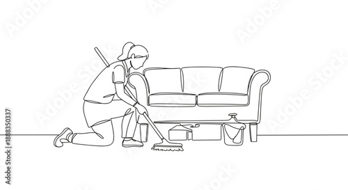Line drawing of a woman cleaning the floor near a sofa with a mop and bucket on a transparent background