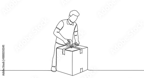 Line drawing of a man unpacking a box in a studio setting on a transparent background with focus on the action and details of the box and tools used.