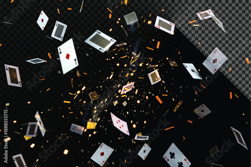 A dynamic explosion of playing cards and confetti against a black background