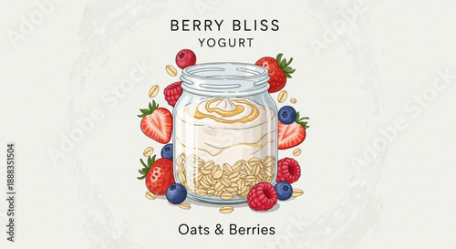 Delicious berry bliss yogurt parfait with oats and fresh berries in a glass jar