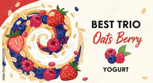 Tasty oats bowl with yogurt strawberries blueberries and raspberries topped with granola