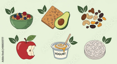 Healthy food icons set including fruits nuts and dairy products for nutrition and wellness concepts