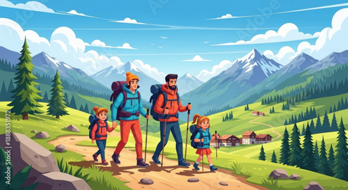 Family hiking together on a scenic mountain trail with backpacks and trekking poles on a sunny day