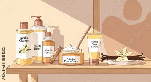 Vanilla skincare products on a wooden table with natural light and beige background