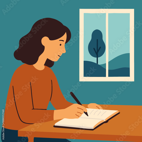 Woman Poet Writing at Desk