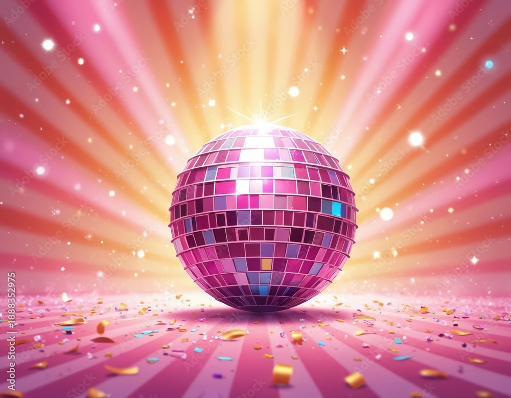 Obraz premium Pink disco ball reflects light on colorful striped floor with scattered confetti. Sparkling lights fill background creating party atmosphere. Celebration concept.