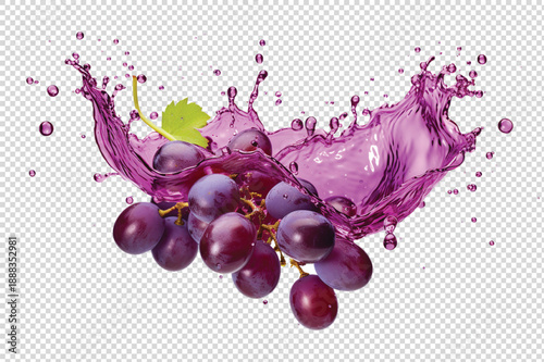 A cluster of purple grapes with a splash of juice and water droplets on a transparent background