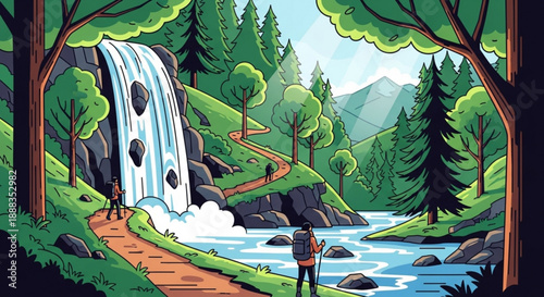 Hiker standing on trail path near serene waterfall in lush green forest with river