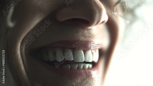 Close-up of a person smiling showing white teeth and joyful expression