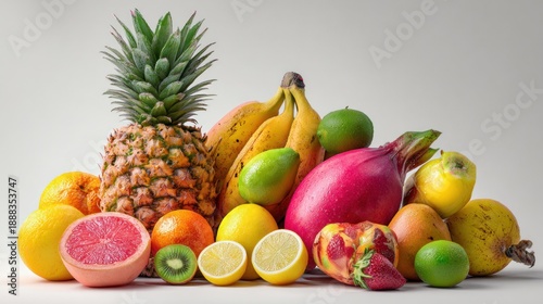 Vibrant Assortment of Fresh Tropical Fruits Displayed on a White Background
