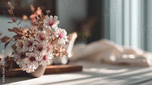 Elegant arrangement of pink and white flowers on a modern bedroom nightstand with soft natural