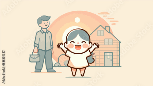 Happy Family and Child in Front of New Home Illustration