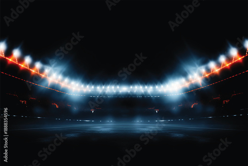 A dark background with bright lights shining down from above in a large empty space
