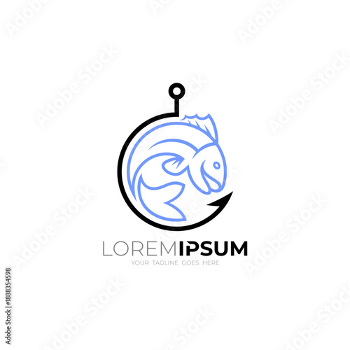 fish and hook logo as a fishing icon, line style design