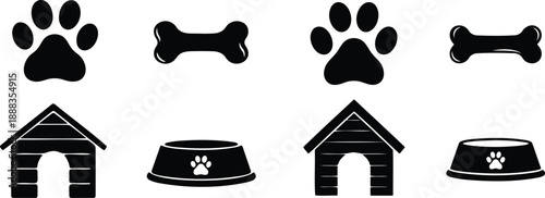 Black silhouette of dog paw prints bone dog house and food bowl on white background