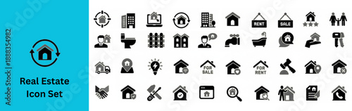 Silhouette vector of Real Estate Icon Set Containing house, key, buy, sell, loan, smart home, building, mortgage, address, renovation, land, kitchen, bedroom, living room, bathroom