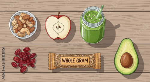 Healthy snack arrangement featuring nuts fruit and whole grain on a wooden table with vibrant colors and detailed illustrations