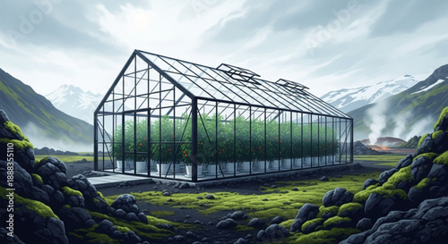 Modern greenhouse in misty mountain landscape with lush greenery and rocky terrain serene atmosphere natural lighting