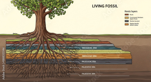 Illustration of tree layers showing geological time scale and fossil formation process with root system and earth strata
