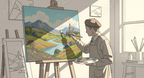 Artist painting a serene landscape on canvas in a well lit studio with natural light and various art supplies around