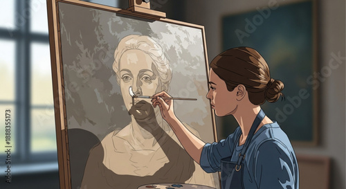 Woman painting a portrait on an easel in a studio with a blue shirt on