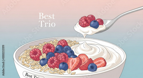 Delicious breakfast bowl with yogurt mixed berries and cereal healthy eating concept vibrant colors digital illustration soft lighting
