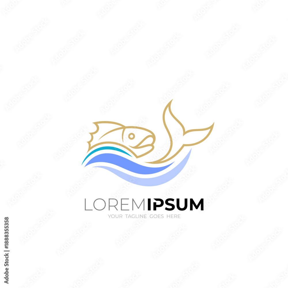 Fototapeta premium seafood logo, logo of a fish swimming in big waves