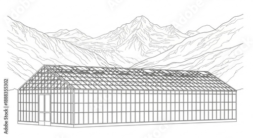 Detailed black and white illustration of a modern greenhouse with a grid structure and mountains in the background showcasing architectural