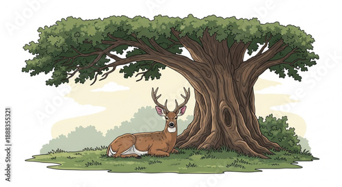 Majestic deer resting under sprawling tree with lush green foliage in serene natural setting peacefully