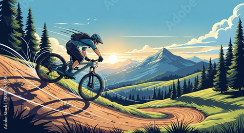 Mountain biker riding down a winding dirt trail surrounded by trees and mountains at sunrise with clear blue sky