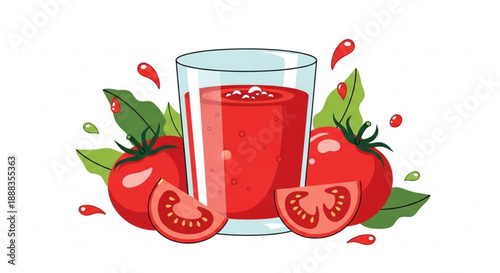 Fresh tomato juice in a glass surrounded by ripe red tomatoes and green leaves vibrant red color healthy beverage refreshing drink vector