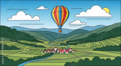 Hot air balloon flying over green countryside with village and mountains