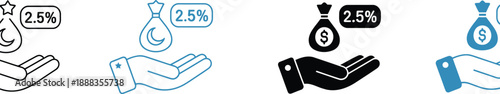 Four showing a hand holding a money bag with 2.5 percent symbol in different styles and colors percentage
