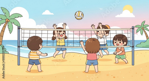 Children playing volleyball on sunny beach with palm trees and ocean background enjoying outdoor recreation together with happiness