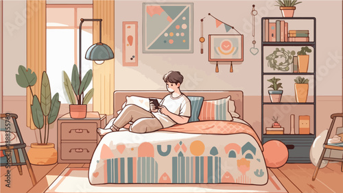 Cozy Bedroom Scene with a Young Person Relaxing on Bed Using Smartphone