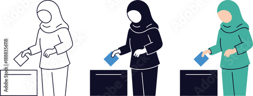 Three women in hijabs casting votes into ballot boxes in a simplified style woman voting